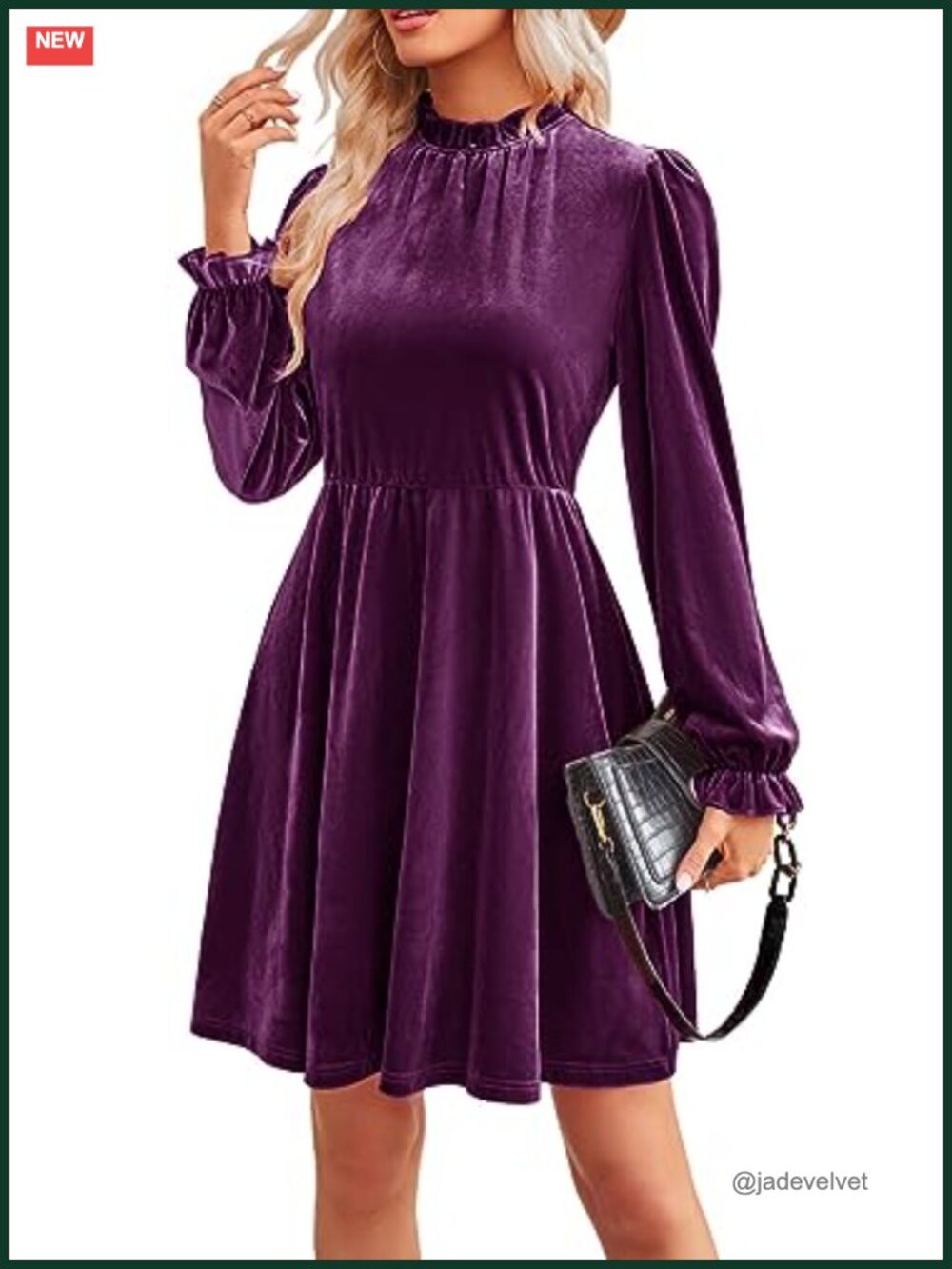 Women's Velvet Fit & Flare Mini Dress Long Sleeve Ruffle Neck Wedding Guest - Picture 1 of 5